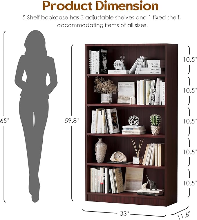 Soohow Mahogany Bookcase,Bookshelf for Bedroom,60 inches Tall Wood Book case Book Shelves,5 Shelf Book Shelves for Living Room Office - LeafyLoom