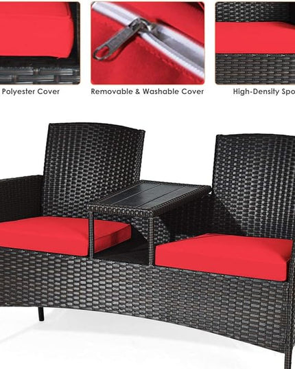 LUARANE Outdoor Rattan Sofas, Contract Patio Conversation Set Wicker Sofa Set with Built-in Coffee Table, Patio Furniture Set with Cushions, Rattan Loveseat for Lawn Backyard Garden (Brown+Red) - LeafyLoom