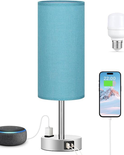 Turquoise Nightstand Table Lamp for Bedroom - 3 Way Dimmable Touch Lamp USB A and C Charging Ports and AC Outlet, Small Lamp for Office Desk with Metal Base, LED Bulb Included - LeafyLoom
