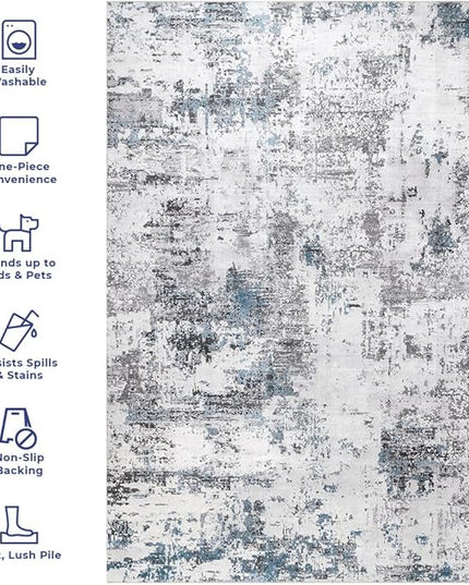 nuLOOM Dali Abstract 2x12 Machine Washable Runner Rug for Living Room Bedroom Dining Room Entryway Hallway Kitchen, Blue Grey/Ivory - LeafyLoom