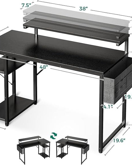 KKL 48 inch Small Computer Desk with Adjustable Monitor Stand, Home Office Desk & Workstation with Storage Shelves, Reversible Work Writing Study Table for Bedroom, Black - LeafyLoom