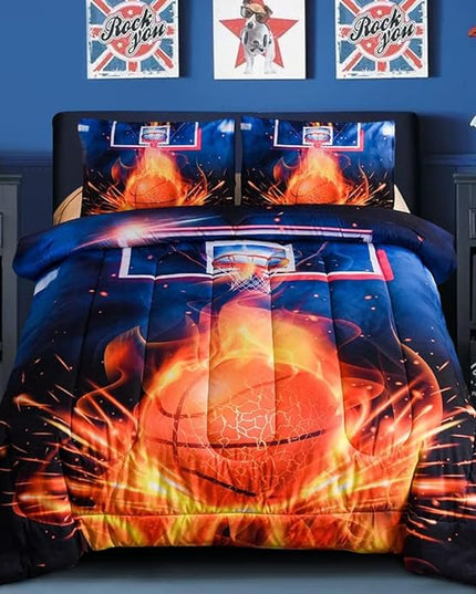 Btargot Basketball Fire Court Comforter Sets Full for Boys Teens,3D Sports Bedding,Soft Microfiber Reversible Quilt with 2 Matching Pillow Shams - LeafyLoom