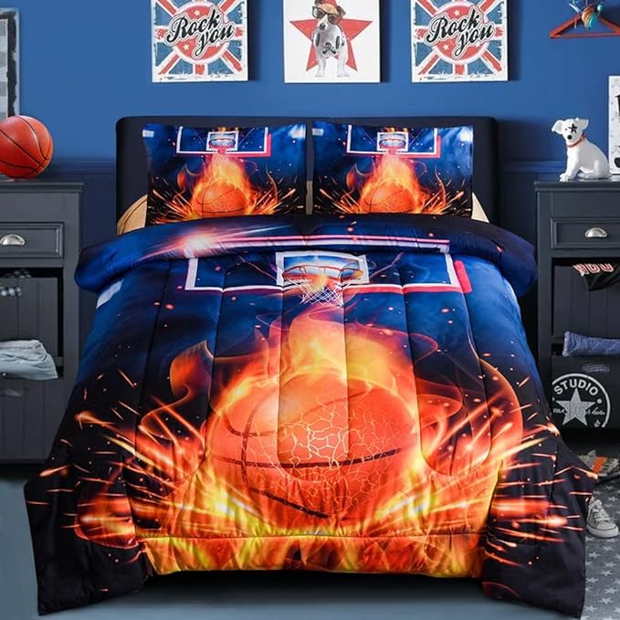 Btargot Basketball Fire Court Comforter Sets Full for Boys Teens,3D Sports Bedding,Soft Microfiber Reversible Quilt with 2 Matching Pillow Shams - LeafyLoom