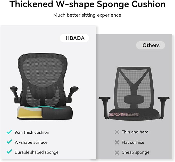 Hbada Office Chair Ergonomic Desk Chair, Office Chairs with PU Silent Wheels, Breathable Mesh Computer Chair with Adjustable Lumbar Support, Flip-up Armrests, Tilt Function, Black - LeafyLoom