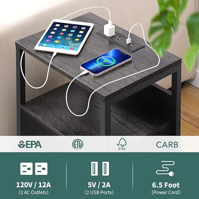 Yoobure Nightstand with Charging Station, LED Night Stand with Fabric Drawers and Storage Shelf for Bedroom, Nightstands Bedside Tables with USB Ports & Outlets, Small Night Stands, Bed Side Table - LeafyLoom