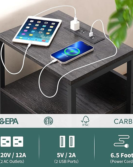 Yoobure Nightstand with Charging Station, Small Night Stand with Fabric Drawers and Storage Shelf for Bedrooms, Nightstands for Small Spaces, Bedside Table with USB Ports & Outlets, Bed Side Table - LeafyLoom