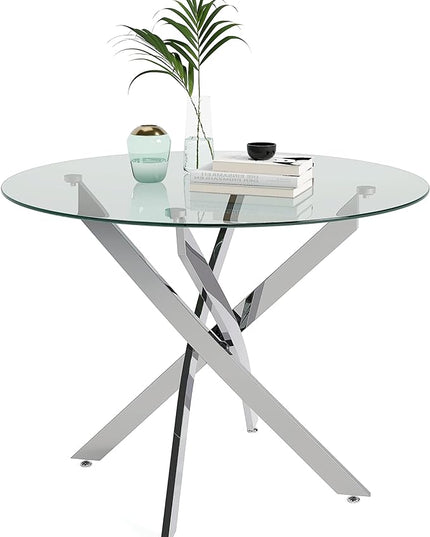 Round Tempered Glass Dining Table for 2-4 with Chromed Legs, 31.5 Inch Modern Small Kitchen Table Dining Room Table for Kitchen Dining Room (White/Silver) - LeafyLoom
