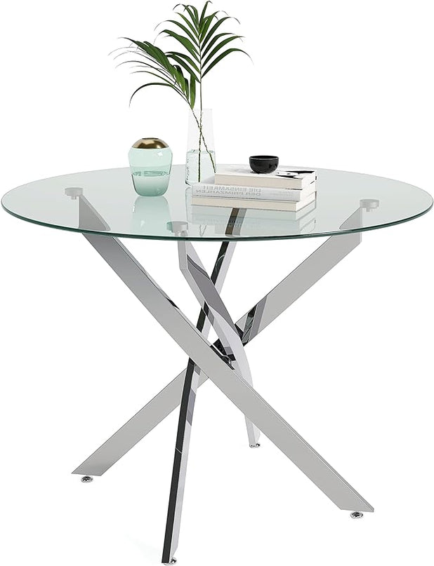 Round Tempered Glass Dining Table for 2-4 with Chromed Legs, 31.5 Inch Modern Small Kitchen Table Dining Room Table for Kitchen Dining Room (White/Silver) - LeafyLoom