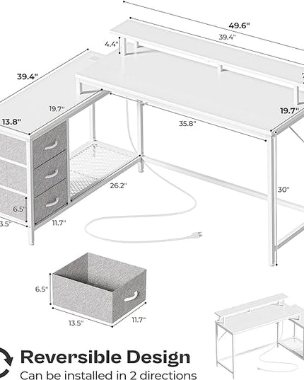 Reversible L Shaped Computer Desk with Drawers, Gaming Desk with LED Lights and Power Outlets, Office Desk with Storage Shelves, Corner Desk with Monitor Stand, for Home & Office, White - LeafyLoom