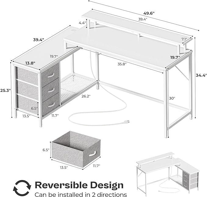 Reversible L Shaped Computer Desk with Drawers, Gaming Desk with LED Lights and Power Outlets, Office Desk with Storage Shelves, Corner Desk with Monitor Stand, for Home & Office, White - LeafyLoom