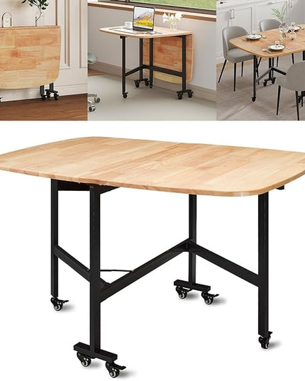 Multifunction Table Drop Leaf Dining Table - 47" Solid Wooden Foldable Kitchen Table with 6 Wheels (Natural) - LeafyLoom