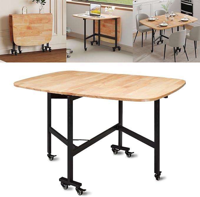 Multifunction Table Drop Leaf Dining Table - 47" Solid Wooden Foldable Kitchen Table with 6 Wheels (Natural) - LeafyLoom