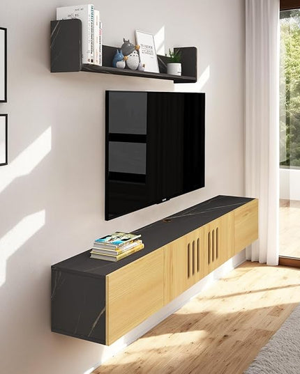 Pmnianhua Floating TV Stand,76'' Wall Mounted TV Cabinet, Mid Century TV Bench Under TV Entertainment Center Shelf TV Console Table with 4 Cabinets for Living Room Bedroom (Light Oak) - LeafyLoom