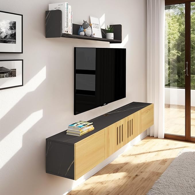 Pmnianhua Floating TV Stand,76'' Wall Mounted TV Cabinet, Mid Century TV Bench Under TV Entertainment Center Shelf TV Console Table with 4 Cabinets for Living Room Bedroom (Light Oak) - LeafyLoom