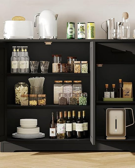 Irontar Kitchen Storage Cabinet, Sideboard Buffet Cabinet with Rattan Decorated Doors, Farmhouse Console Table with Drawer, Coffee Bar, Accent Table for Living Room, Black and Natural CWG010BM - LeafyLoom