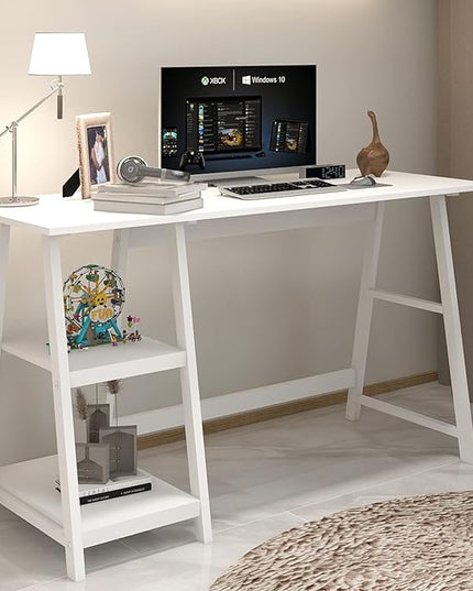 Natwind 47" White Desk with 2-Tier Storage Shelves,Home Office Computer Desk, Study Table for Kids Student Girls,Writing Desk,Modern Simple Basic Desk Workstation for Bedroom Home Office - LeafyLoom