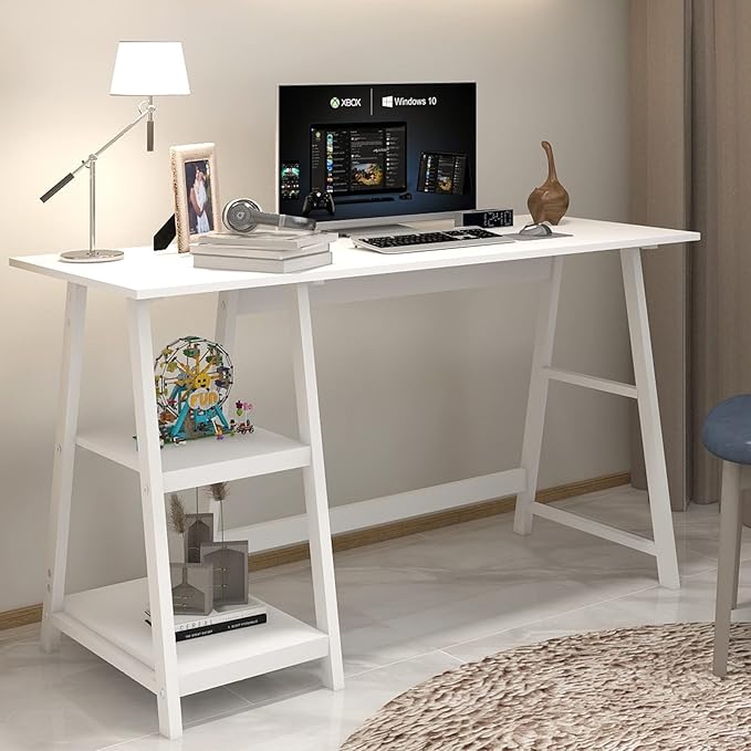 Natwind 47" White Desk with 2-Tier Storage Shelves,Home Office Computer Desk, Study Table for Kids Student Girls,Writing Desk,Modern Simple Basic Desk Workstation for Bedroom Home Office - LeafyLoom