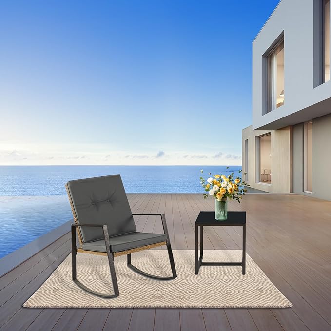 3 Pieces Rocking Chairs Set Balcony Furniture Conversation Sets with Outdoor Table and Chairs,Washable Cushion for Porch,balcony,Garden,Backyard,Poolside Grey - LeafyLoom