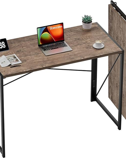 Coavas Folding Desk No Assembly Required, 39.4 inch Writing Computer Desk Space Saving Foldable Table Simple Home Office Desk,Brown - LeafyLoom