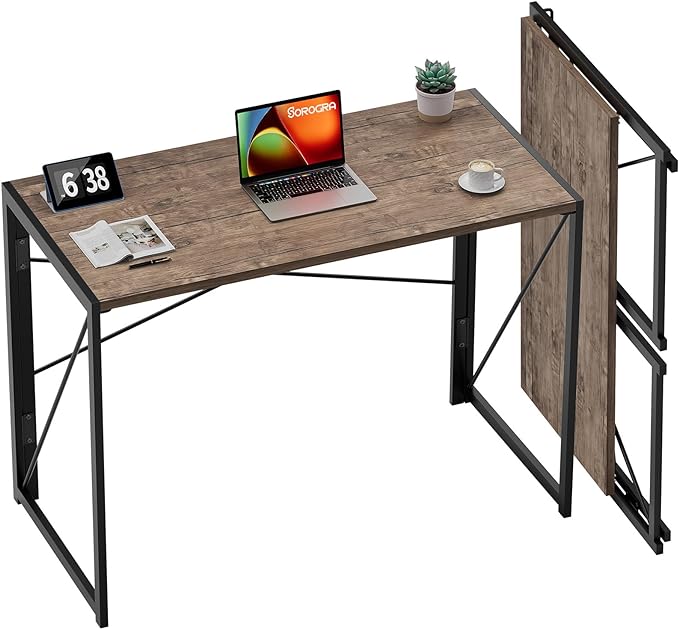 Coavas Folding Desk No Assembly Required, 39.4 inch Writing Computer Desk Space Saving Foldable Table Simple Home Office Desk,Brown - LeafyLoom