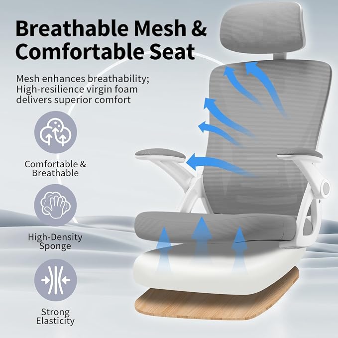 Ergonomic Office Chair, Mid Back Desk Chair with Adjustable Height, Swivel Chair with Flip-Up Arms and Lumbar Support, Breathable Mesh Computer Chair with Headrest (White and Grey) - LeafyLoom