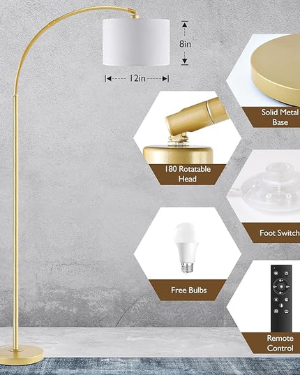 Arc Floor Lamps for Living Room, Modern Remote Control Standing FLamp with Stepless Dimmable, Gold Tall Lamp with White Drum Shade,Over Couch Arched Reading Light for Bedroom, Office(Bulb Included) - LeafyLoom