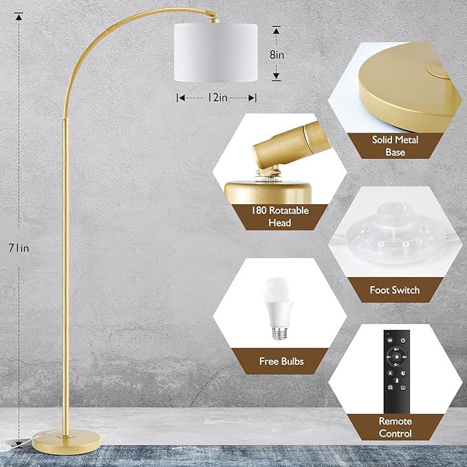 Arc Floor Lamps for Living Room, Modern Remote Control Standing FLamp with Stepless Dimmable, Gold Tall Lamp with White Drum Shade,Over Couch Arched Reading Light for Bedroom, Office(Bulb Included) - LeafyLoom
