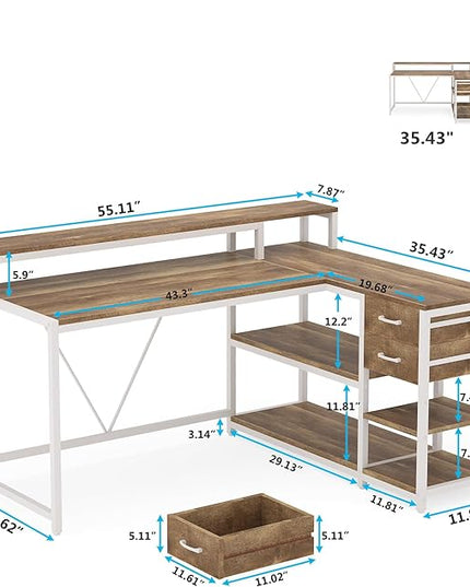 Reversible L-Shaped Computer Desk with hutch & Shelf,white - LeafyLoom