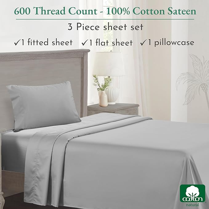 California Design Den Luxury Twin XL Sheet Set - 100% Cotton, 600 Thread Count Deep Pocket XL Twin Sheets, Soft Hotel-Quality Bedding with Sateen Weave - Light Grey - LeafyLoom