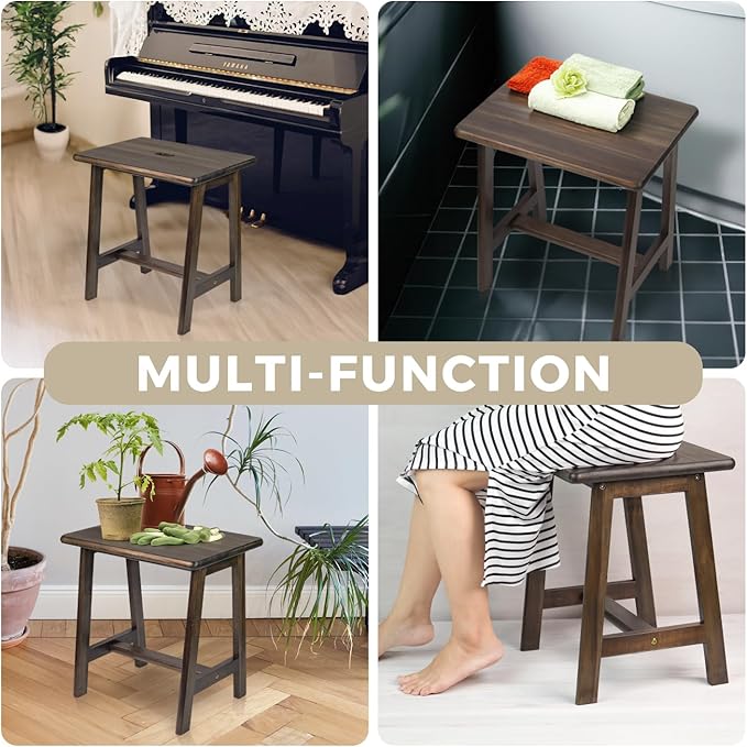 Rectangular Acacia Wood Stool (16.7" D x 13" W x 17.7" H) Small Bench Seat, Small End Table Stool, Bathroom Stool Wood, Plant Stool, Makeup Stool, Perfect Size for Living Room,Bathroom (Walnut Color) - LeafyLoom