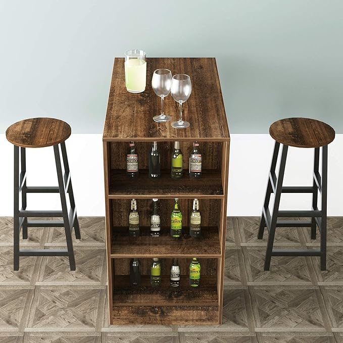 sogesfurniture 3-Piece Bar Table Set, 35.8inches Dining Room Set Dining Table with 2 Stool, Dining Table with 3 Open Storage Shelves, Brown BHUS-DX- Z813FG - LeafyLoom