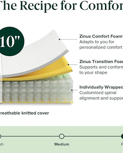 ZINUS 10 Inch Support Plus Pocket Spring Hybrid Mattress, Full, Strong Coils for Durable Support, Pocket Innersprings for Motion Isolation, Mattress in A Box - LeafyLoom