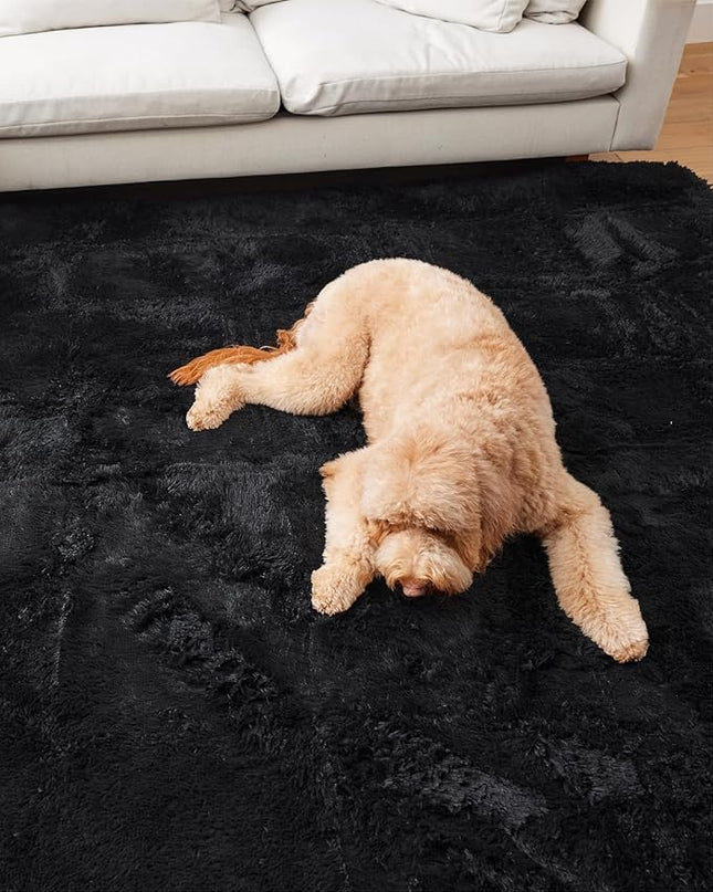 Ophanie Machine Washable Upgrade 8x10 Rugs for Living Room, Black, Fluffy Shaggy Soft Area Rug, Black Non-Slip Indoor Floor Carpet for Bedroom, Kids Baby Boys Teen Dorm Home Decor Aesthetic, Nursery - LeafyLoom