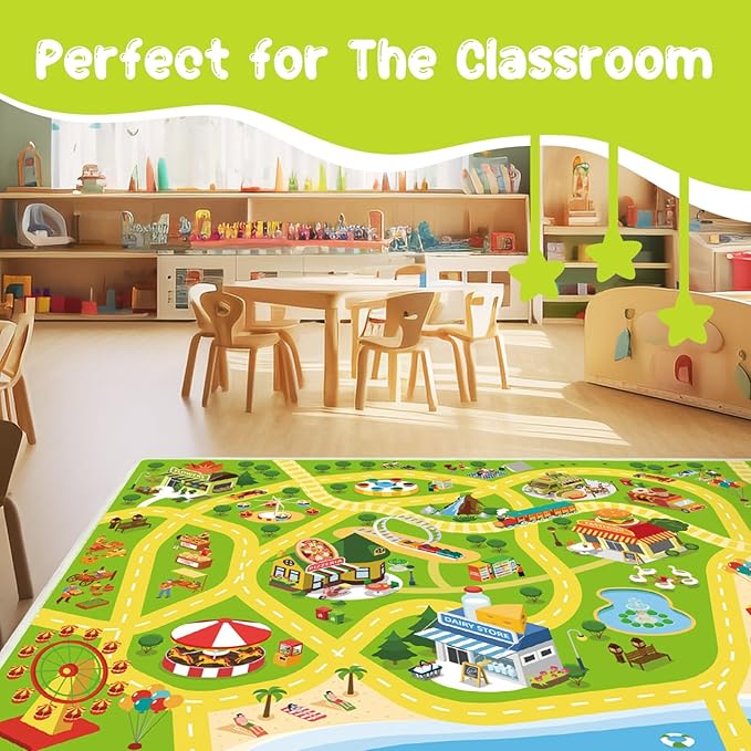 Kids Carpet Car Rug Play Mat for Playroom - 63"x 94" Non Slip Washable Kids Road Rug for Kids- Kids Educational Rug Ideal Gift for Toddler Classroom Boys Girls Bedroom Decor(Green) - LeafyLoom