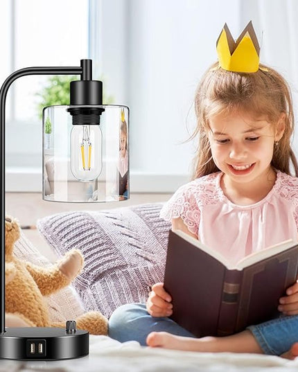 Industrial Table Lamp with 2 USB Charging Ports, Fully Stepless Dimmable Modern Nightstand Lamp, Glass Shade Bedside Desk Lamp for Bedroom Living Room Office, 6W 2700K LED Edison Bulb Included - LeafyLoom