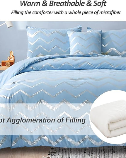 Blue/Silver Comforter Set Twin, Metallic Print Glitter Bedding Set Cute Shinny Bed Sets for Teen Girls Kids Women, 3 Piece (1 Pillowcase, 1 Decorative Pillow Sham) - LeafyLoom