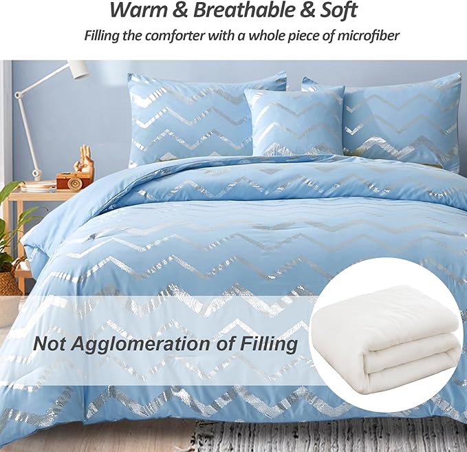 Blue/Silver Comforter Set Twin, Metallic Print Glitter Bedding Set Cute Shinny Bed Sets for Teen Girls Kids Women, 3 Piece (1 Pillowcase, 1 Decorative Pillow Sham) - LeafyLoom