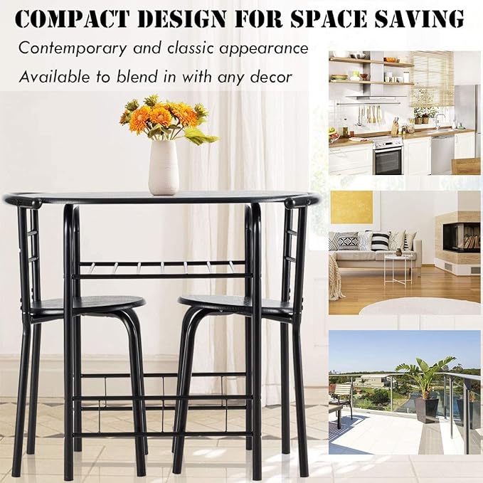 FANTASK 3 Pieces Dining Set, Breakfast Table Set w/Metal Frame and Storage Shelf, Compact Table and 2 Chairs Set for Home Bistro Pub Apartment Kitchen Dining Room Cafe - LeafyLoom