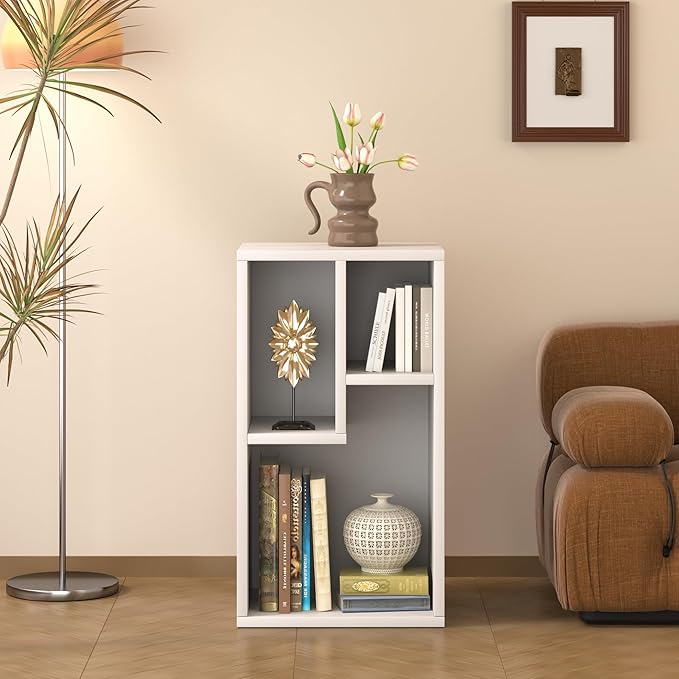 VECELO 3-Cube Open Bookcase, Small Bookshelf with Height Difference Shelves for Most Books, Horizontal Available, 2-Tier Storage Organizer for Home Office, Living Room, Pearl White - LeafyLoom