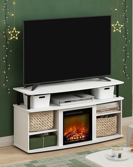 Furinno Jensen Open Shelving Storage Fireplace TV Entertainment Center for TV up to 55 Inch, Solid White/Black - LeafyLoom