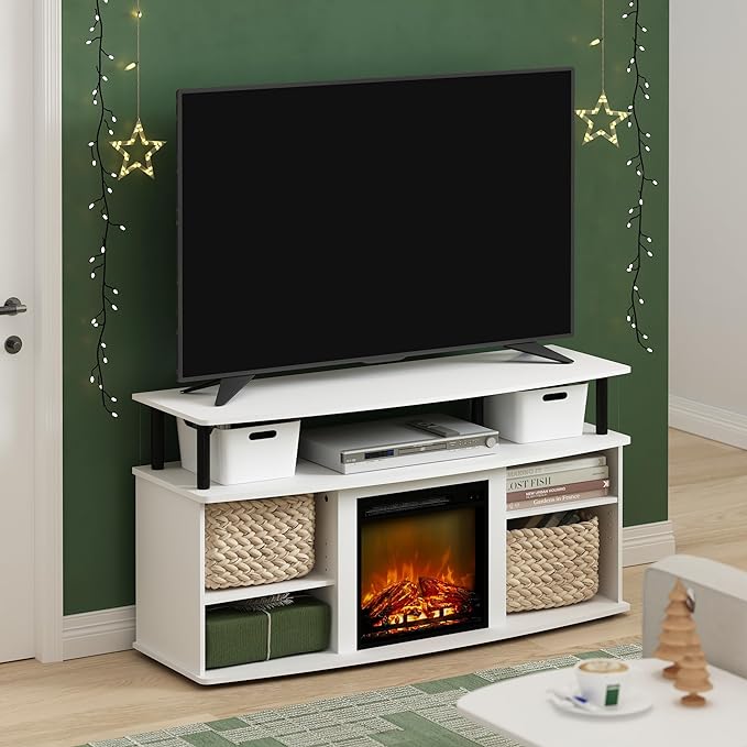 Furinno Jensen Open Shelving Storage Fireplace TV Entertainment Center for TV up to 55 Inch, Solid White/Black - LeafyLoom