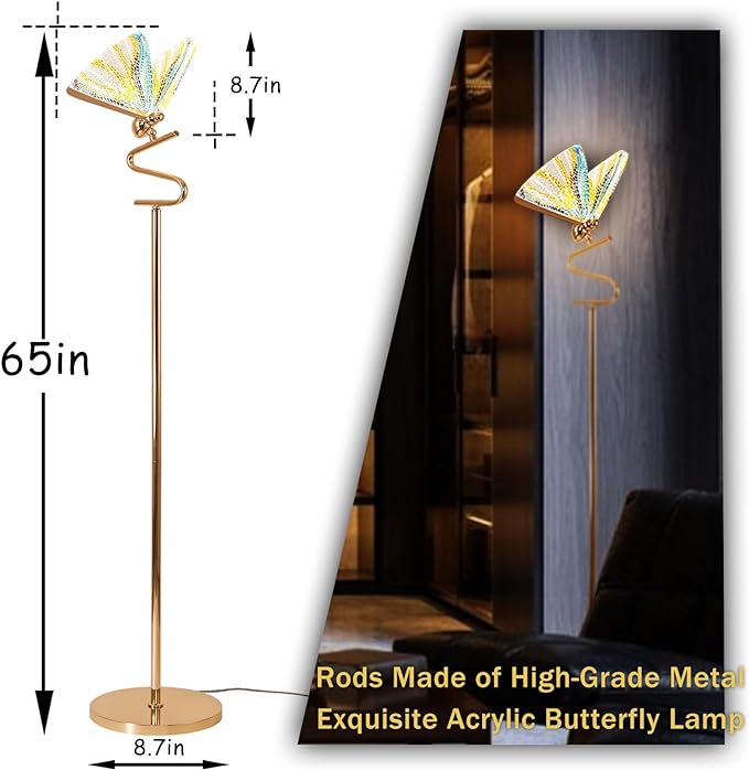 O'NEELDY Gold Butterfly, Decorative Goose Neck Design, 12W LED Standing Tall Lamp for Living Room, 4000K Warm White Energy-Saving Modern Floor Lamp for Bedroom Office, Acrylic - LeafyLoom