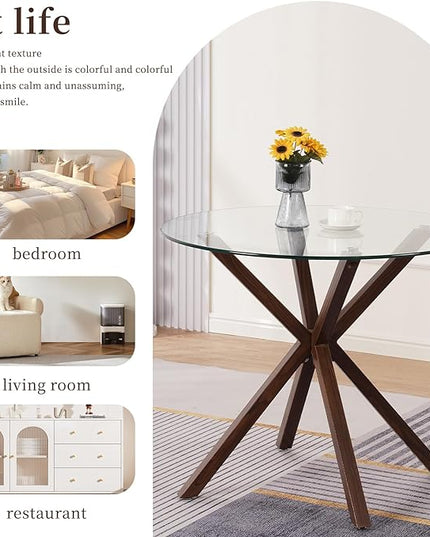 Round Glass Dining Table,34.7" Glass Top Kitchen Table with Wooden Grain Metal Legs,Modern Dining Room Table for 2 or 4,Circle Dinner Table for Kitchen, Small Spaces, Apartment - LeafyLoom