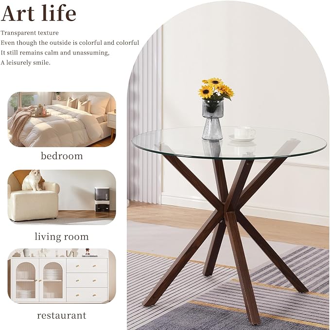 Round Glass Dining Table,34.7" Glass Top Kitchen Table with Wooden Grain Metal Legs,Modern Dining Room Table for 2 or 4,Circle Dinner Table for Kitchen, Small Spaces, Apartment - LeafyLoom