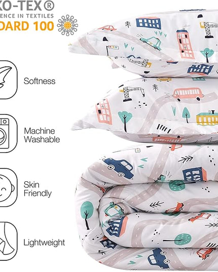 JSD Car Kids Printed Comforter Set for Boys Girls, 2 Pieces Twin Microfiber Comforter with Pillow Sham, Soft Comfortable Machine Washable - LeafyLoom
