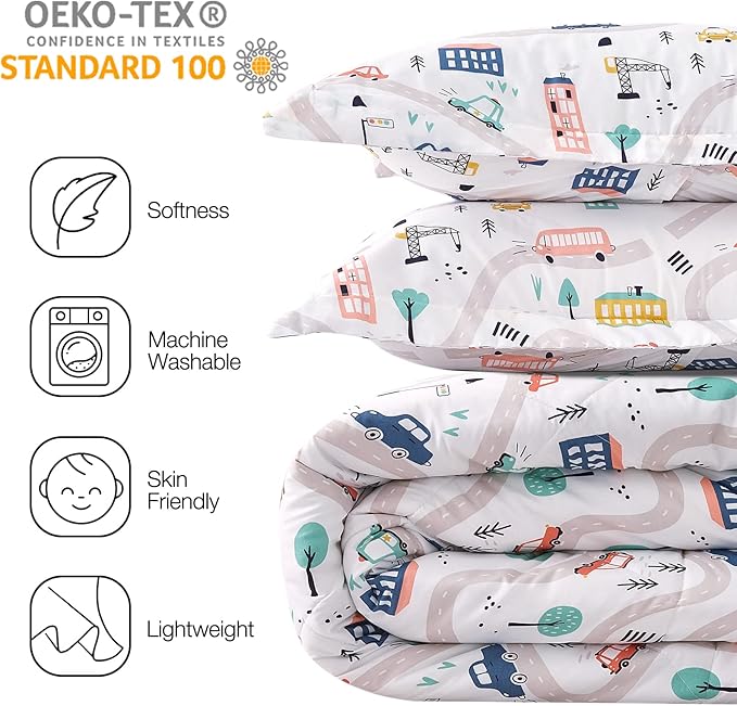 JSD Car Kids Printed Comforter Set for Boys Girls, 3 Pieces Queen Microfiber Comforter with Pillow Sham, Soft Comfortable Machine Washable - LeafyLoom
