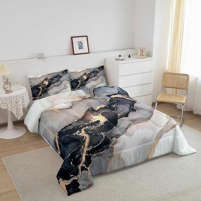Erosebridal Black Marble Bedding Set Twin,Black and Grey Marble Comforter Set Men Teens Boys Modern Gray Orange Abstract Art Tie Dye Down Comforter Kids Gothic White Gold Marble Duvet Insert Soft - LeafyLoom
