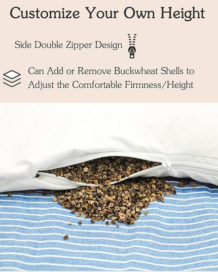 Buckwheat Bed Pillow for Sleeping Cervical Support Buckwheat Hull Pillow, Cooling Firm Buckwheat Neck Pillow,Adjustable Loft, Removable Pillowcase, Blue 24"X14" - LeafyLoom