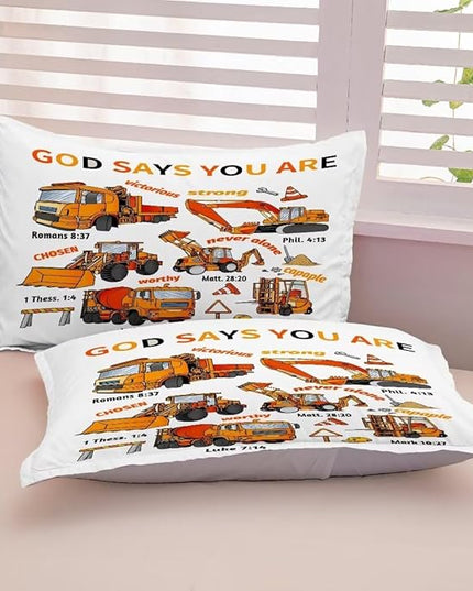 Kids Construction Vehicles Truck Comforter for Boys Queen,Cartoon Car Excavator Tractor Bedding Set,Construction Christian Spirational Quotes Comforter with 2 Pillowcases White - LeafyLoom