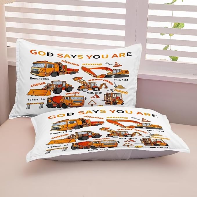 Kids Construction Vehicles Truck Comforter for Boys Full,Cartoon Car Excavator Tractor Bedding Set,Construction Christian Spirational Quotes Comforter with 2 Pillowcases White - LeafyLoom